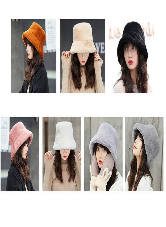 Brcus Women Winter Plush Bucket Hat Warm Solid Color Faux Fur Fisherman Cap White - Image 4